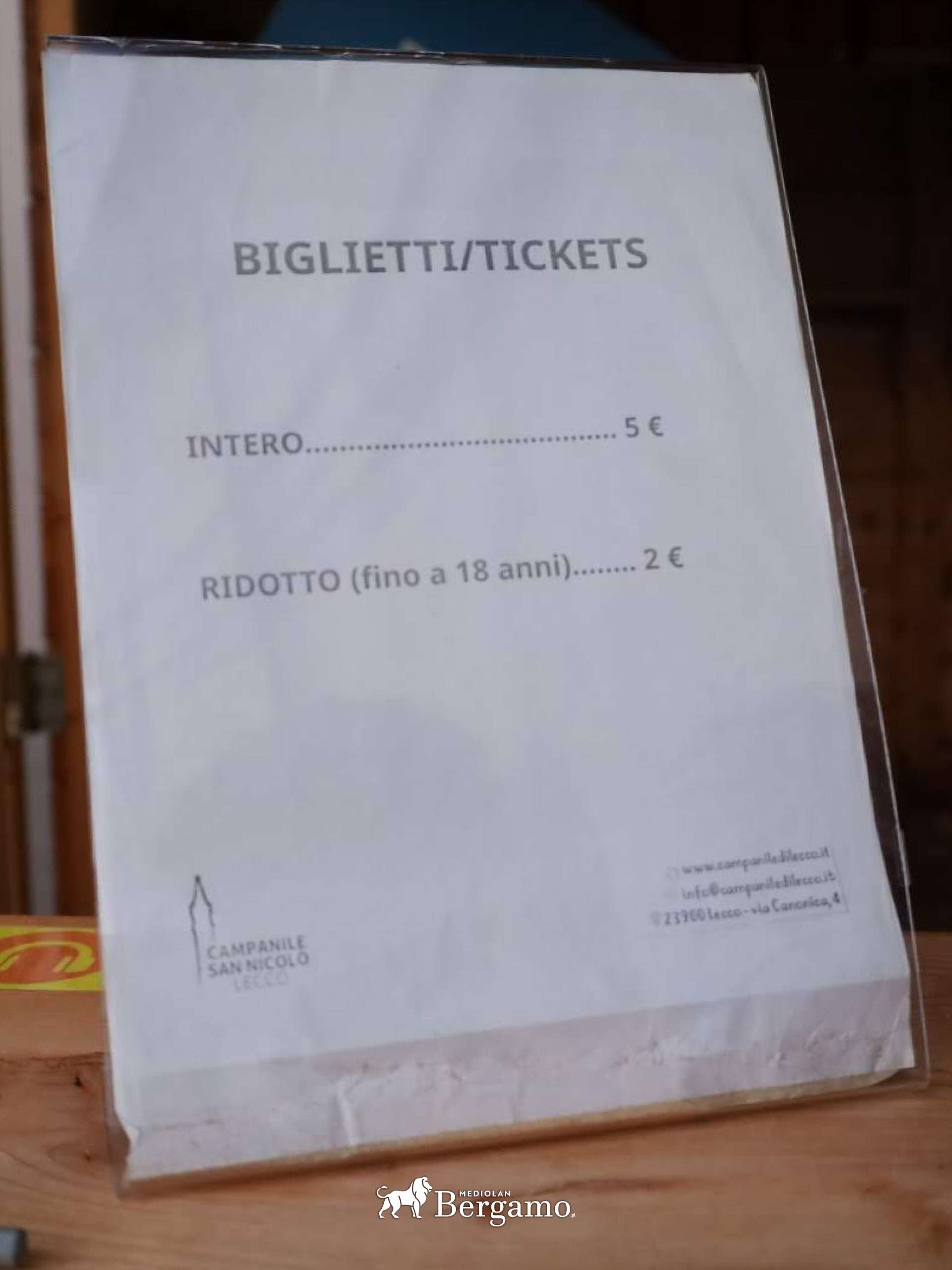 ceny biletów na dzwonnicę w Lecco